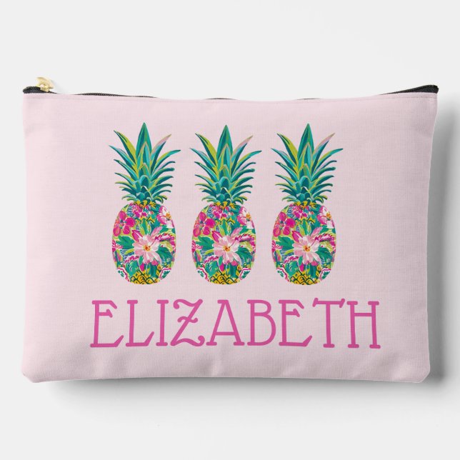Tropical Pink and Green Floral Pineapple Accessory Pouch (Front)