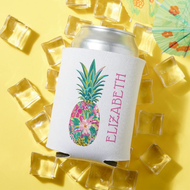 Tropical Pink and Green Floral Pineapple Can Cooler (In Situ Summer)