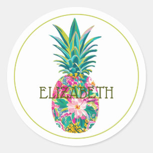 Tropical Pink and Green Floral Pineapple Classic Round Sticker