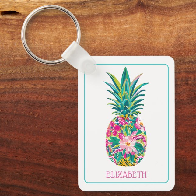 Tropical Pink and Green Floral Pineapple Keychain (Front)