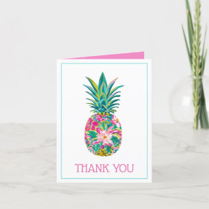 Tropical Pink and Green Floral Pineapple Letterpress Thank You Card