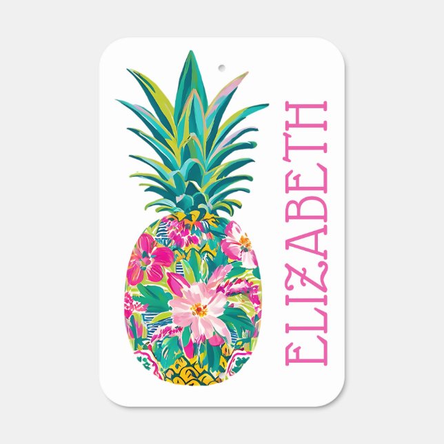 Tropical Pink and Green Floral Pineapple Metal Sign (Front)