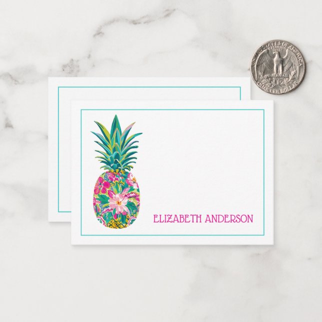 Tropical Pink and Green Floral Pineapple Note Card (Front/Back In Situ)