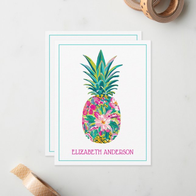 Tropical Pink and Green Floral Pineapple Note Card (Front/Back In Situ)