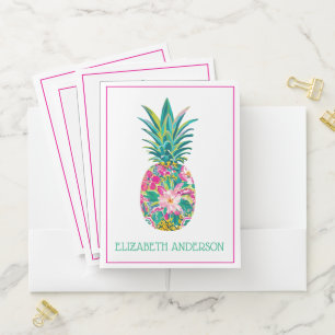 Tropical Pink and Green Floral Pineapple Pocket Folder