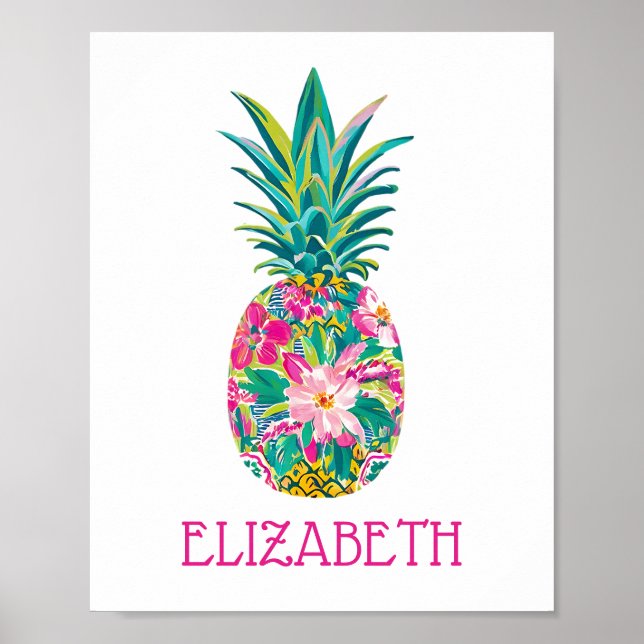 Tropical Pink and Green Floral Pineapple Poster (Front)