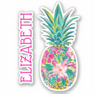 Tropical Pink and Green Floral Pineapple Sticker