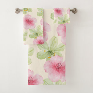 Tropical Pink and Green Hibiscus Floral Bath Towel Set