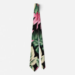 Tropical Pink and Green Plants on Black Neck Tie
