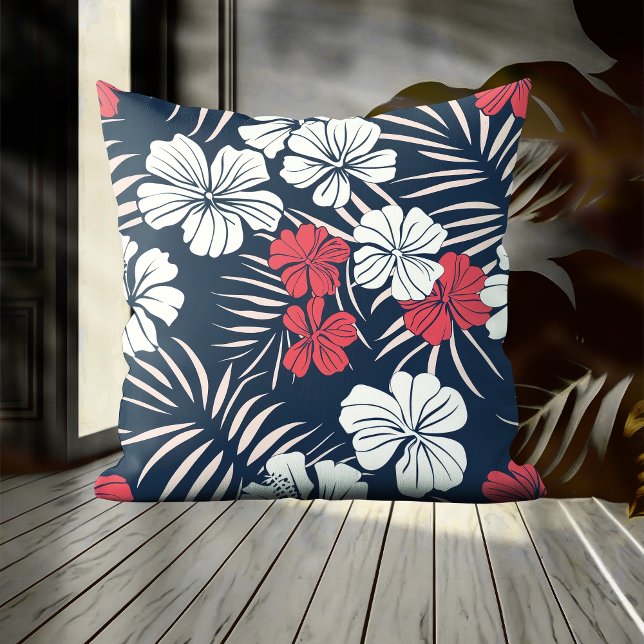 Tropical Pink and Navy Floral Throw Pillow (Creator Uploaded)