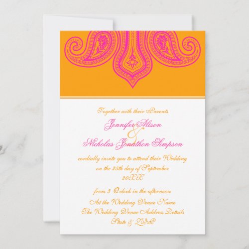 Tropical Pink and Orange Paisley Pattern Wedding Invitation