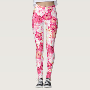 Tropical pink and white flowers leggings