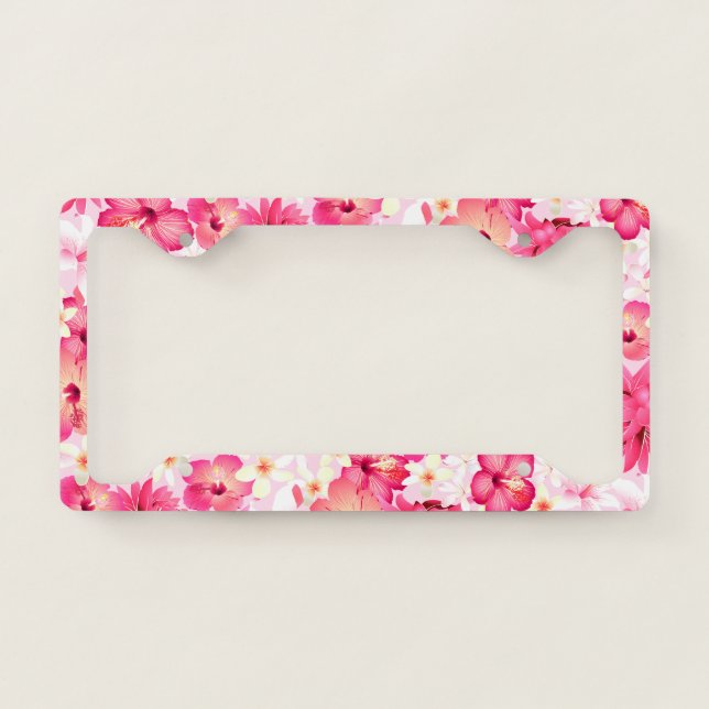 Tropical pink and white flowers license plate frame (Front)