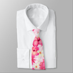 Tropical pink and white flowers neck tie