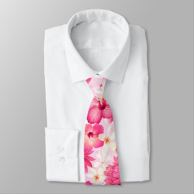 Tropical pink and white flowers neck tie (Tied)