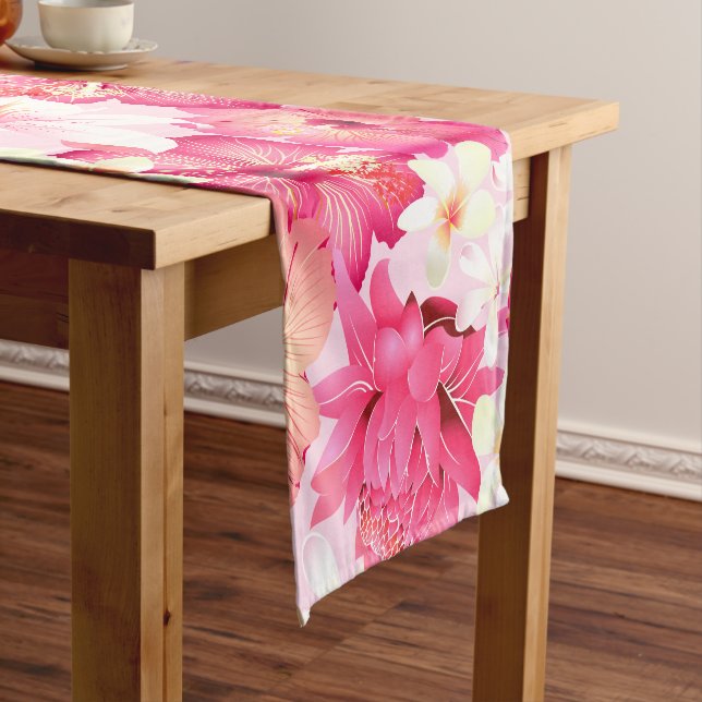 Tropical pink and white flowers short table runner (In Situ)
