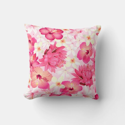 Tropical pink and white flowers throw pillow