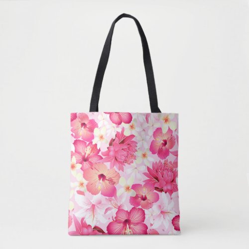 Tropical pink and white flowers tote bag