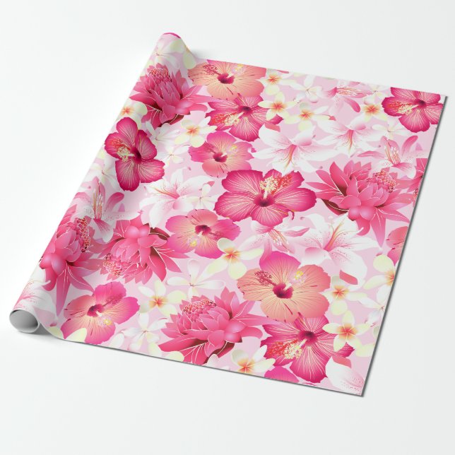 Tropical pink and white flowers wrapping paper (Unrolled)