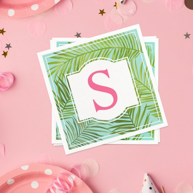 Tropical Pink Aqua Green Palm Leaves Monogram Napkins (Creator Uploaded)