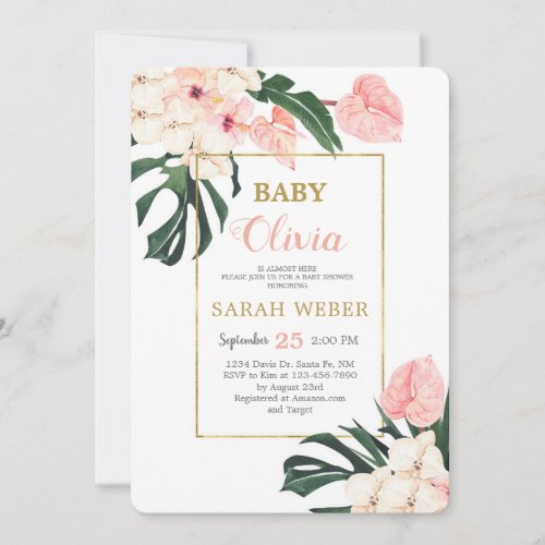 Tropical pink baby girl shower invitation