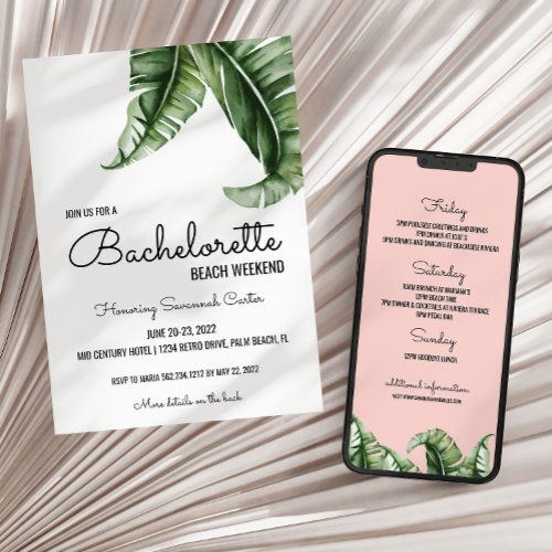 Tropical PInk Bachelorette Invitation  Itinerary