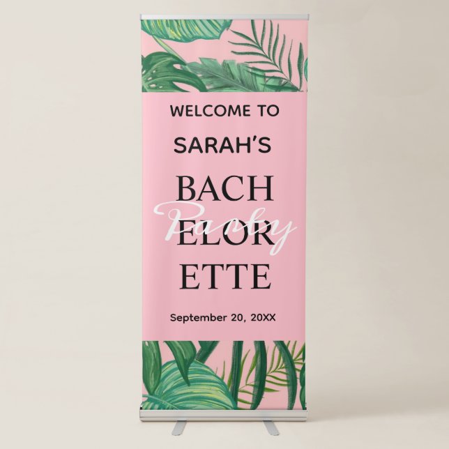 Tropical Pink Beach Palm Bachelorette Welcome Retractable Banner (Front)