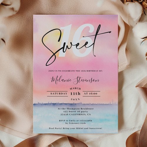 Tropical pink beach sunset pool party Sweet 16 Invitation