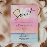 Tropical pink beach sunset pool party Sweet 16 Invitation<br><div class="desc">It's a Pool Party! Tropical pink beach sunset script sweet 16 birthday invitation.With a beautiful brush script. Featuring an original hand painted pink,  purple and yellow tropical beach sunset,  perfect for summer and fun pool party. Add your photo at the back.</div>