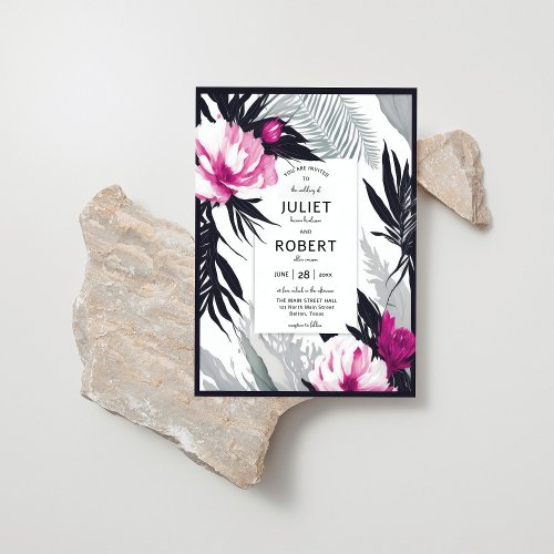 Tropical Pink Black Flowers Palm Leaf Wedding Invitation