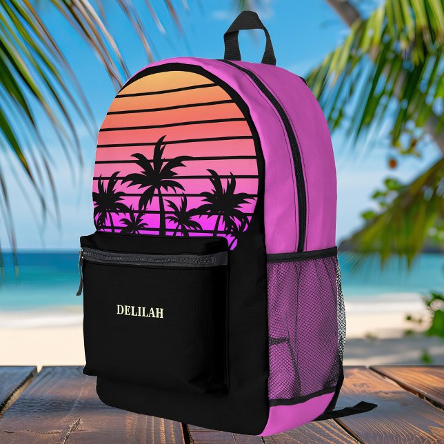 Tropical Pink Black Palm Trees Custom Beach Printed Backpack (Creator Uploaded)