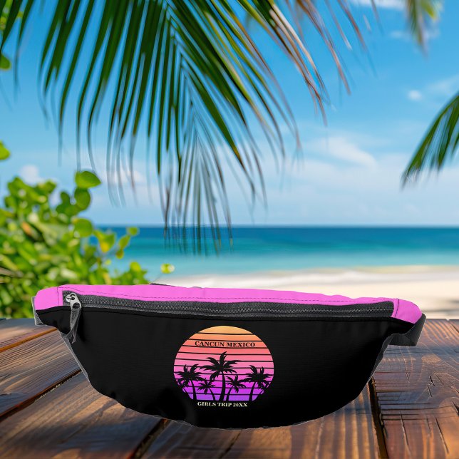 Tropical Pink Black Palm Trees Custom Girls Trip Fanny Pack (Creator Uploaded)