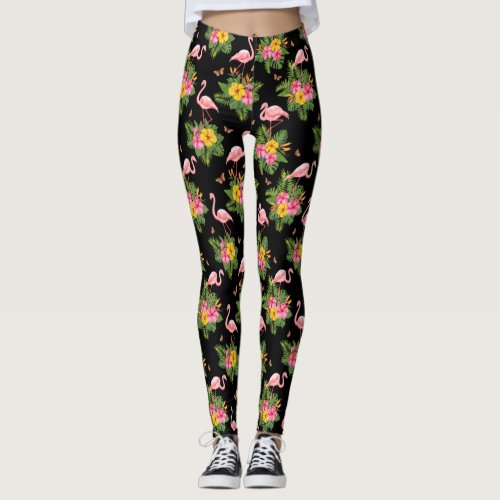 Tropical Pink Black Watercolor Flamingo Pattern Leggings