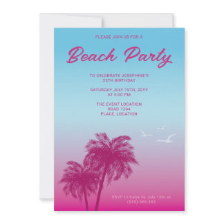 Tropical Pink Blue Beach Party Palm Trees Birthday Invitation