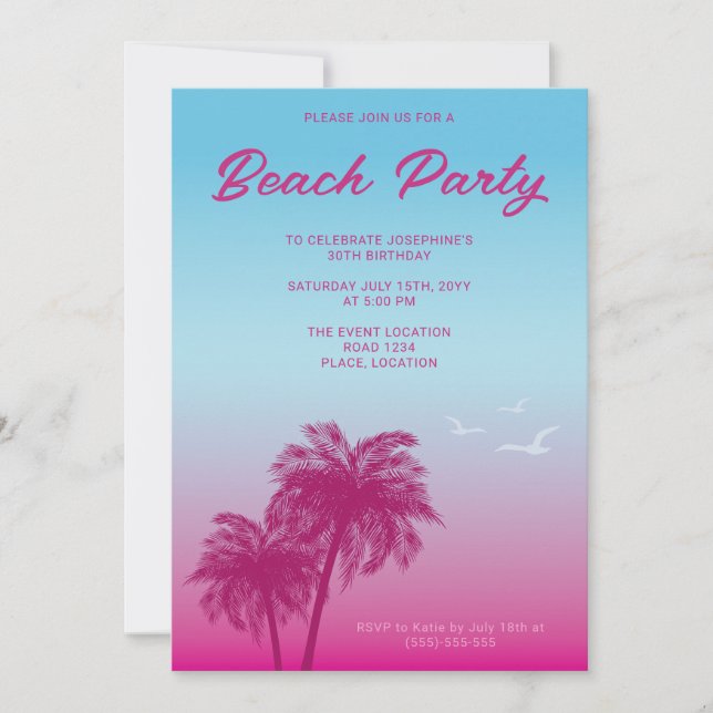 Tropical Pink Blue Beach Party Palm Trees Birthday Invitation (Front)