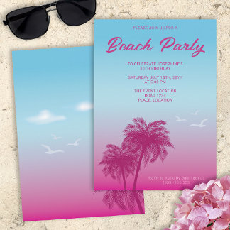 Tropical Pink Blue Beach Party Palm Trees Birthday Invitation