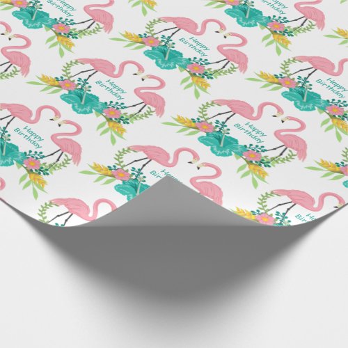 Tropical Pink Blue Floral Flamingo Happy Birthday Wrapping Paper