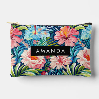 Tropical Pink Blue Flowers Pattern Colorful Floral Accessory Pouch