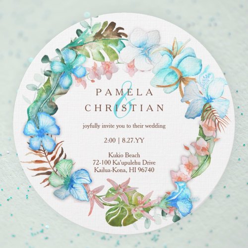 Tropical Pink Blue Flowers Wreath Wedding Invitation