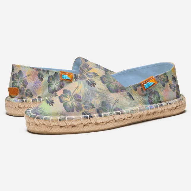 Tropical Pink Blue Green Hibiscus Flower Pattern Espadrilles (Angled)