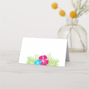 Tropical Pink Blue Hibiscus Folding Label or Place Card