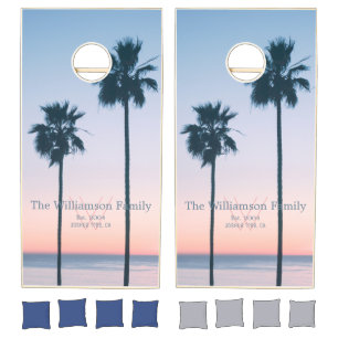 Tropical Pink Blue Palm Tree Sunset Name Monogram Cornhole Set