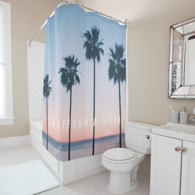 Tropical Pink Blue Palm Trees Sunset Personalized Shower Curtain (In Situ)