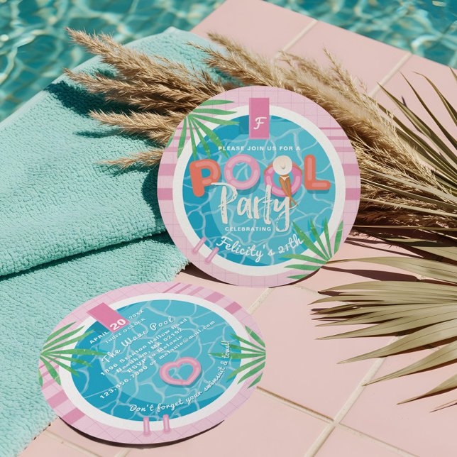 Tropical Pink & Blue Summer Birthday Pool Party Invitation (Fun Pink Tropical Palm Summer Pool Party Birthday Invitation)