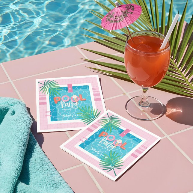 Tropical Pink & Blue Tropical Birthday Pool Party Napkins (Tropical Pink & Blue Tropical Birthday Pool Party Napkins)