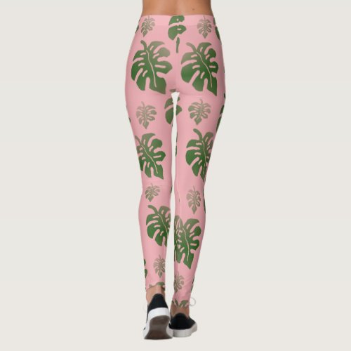 Tropical Pink Botanical Monstera Leaves Pattern  Leggings