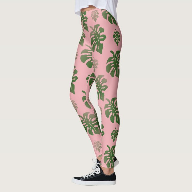 Tropical Pink Botanical Monstera Leaves Pattern  Leggings (Left)