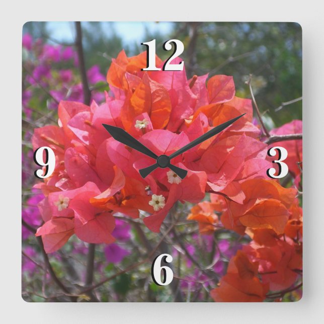 Tropical Pink Bougainvillea Island Floral Square Wall Clock (Front)