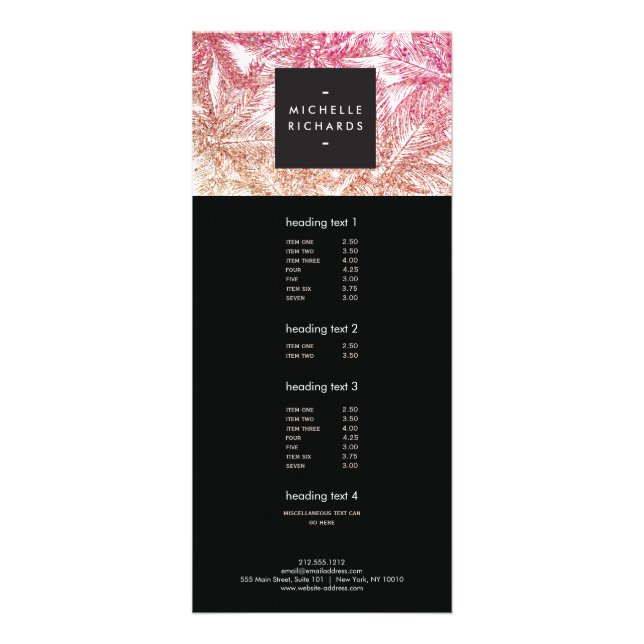 Tropical Pink/Bronze Glitter Palms Rack Card (Front)
