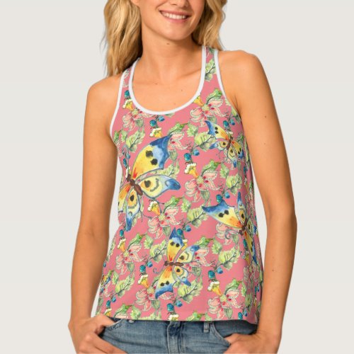 Tropical Pink Butterfly Floral Flower Pattern Tank Top